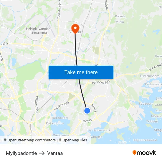 Myllypadontie to Vantaa map
