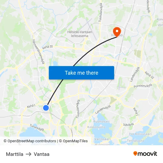 Marttila to Vantaa map