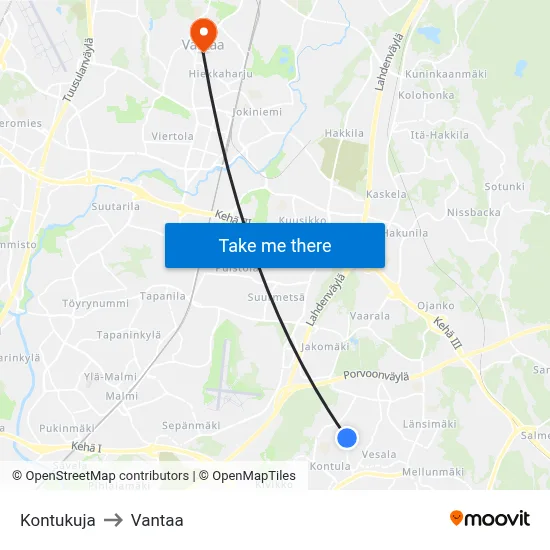 Kontu Lane to Vantaa map