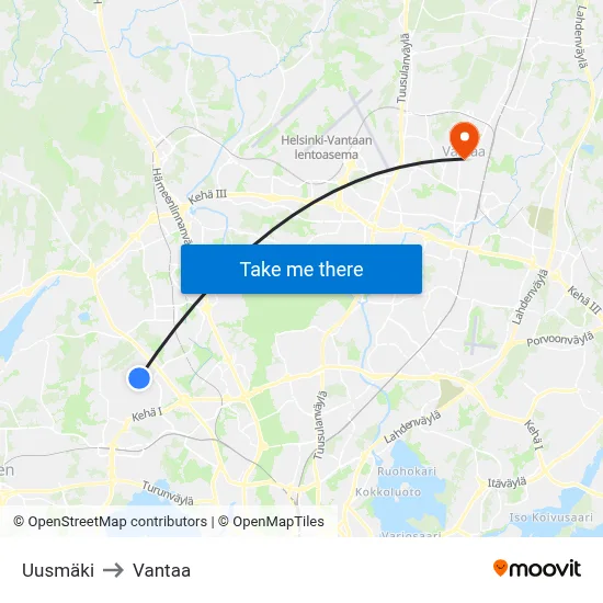 Uusmäki to Vantaa map