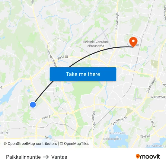 Paikkalintu Road to Vantaa map