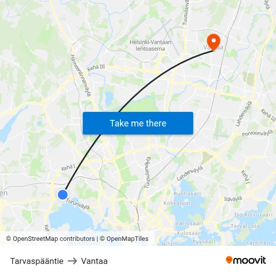 Tarvaspää Road to Vantaa map