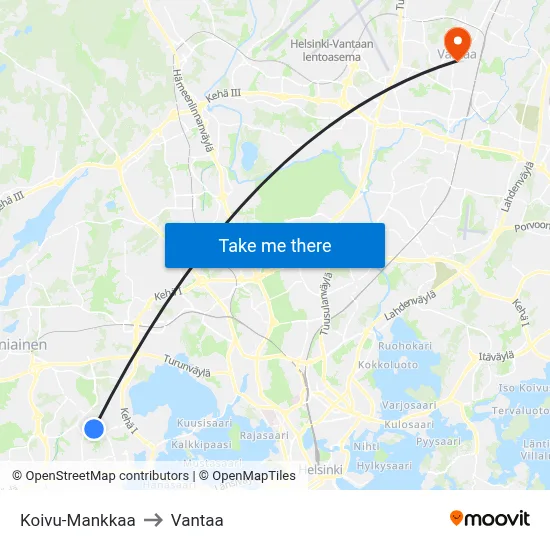 Birch-Mankkaa to Vantaa map