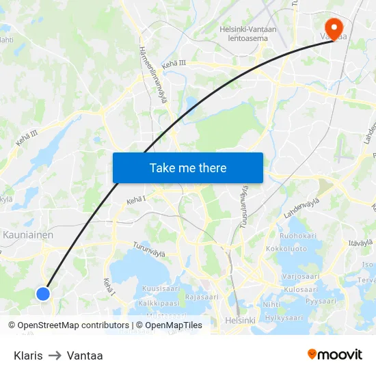 Klaris to Vantaa map
