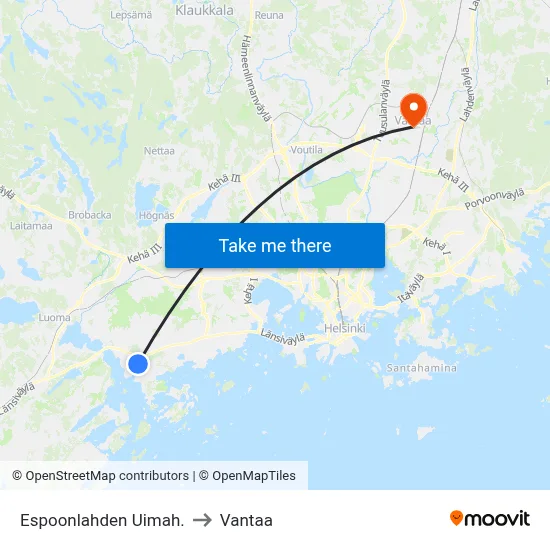 Espoonlahti Swimming Hall to Vantaa map