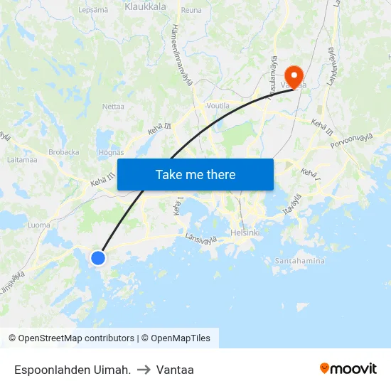 Espoonlahti Swimming Hall to Vantaa map
