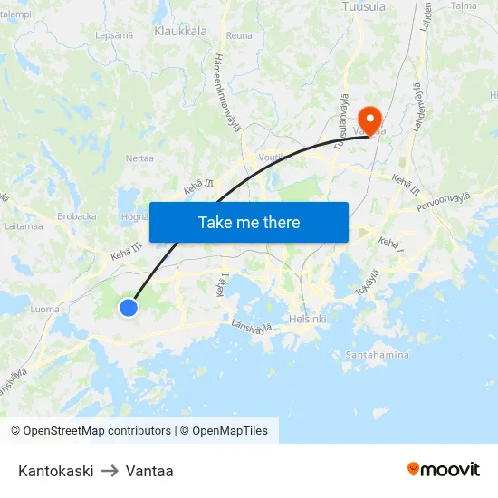 Kantokaski to Vantaa map