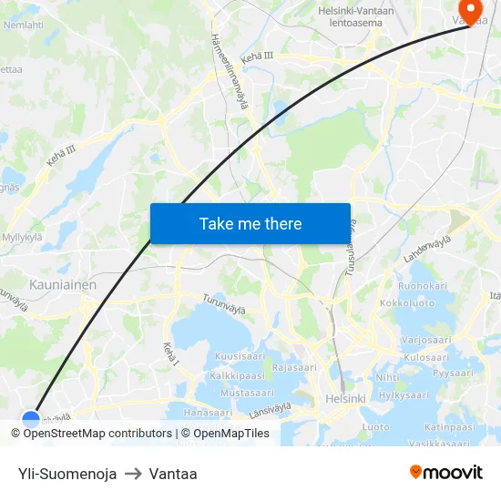 Upper Suomenoja to Vantaa map