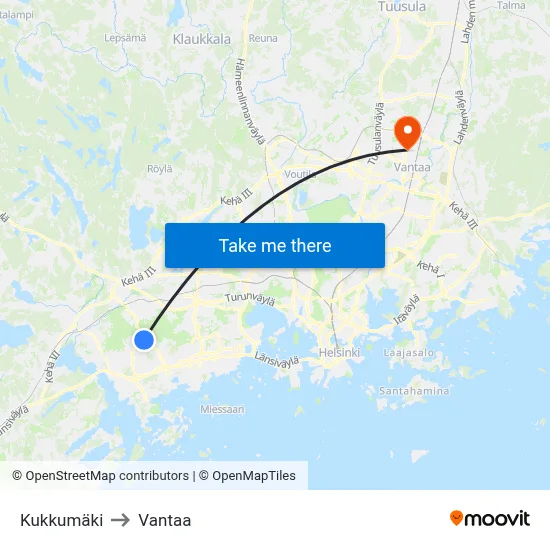 Kukkumäki to Vantaa map