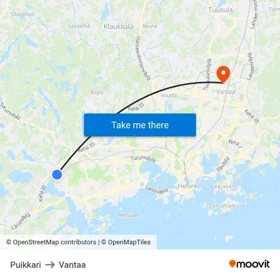 Puikkari to Vantaa map