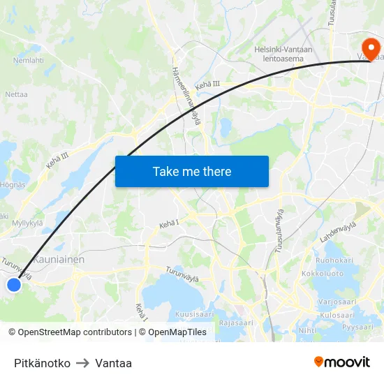 Pitkanotko to Vantaa map