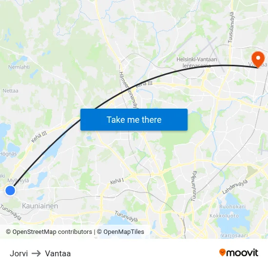 Jorvi to Vantaa map