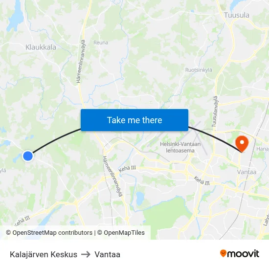 Kalajärvi Center to Vantaa map