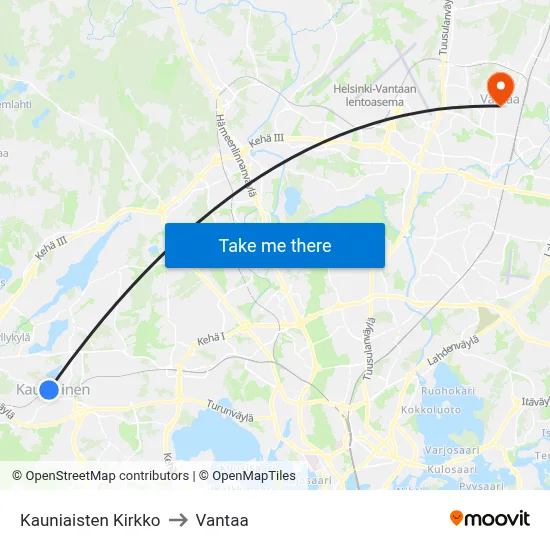 Kauniainen Church to Vantaa map