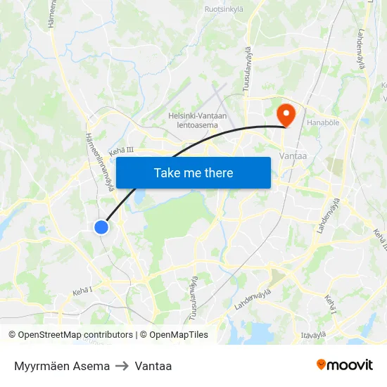 Myyrmäki Station to Vantaa map