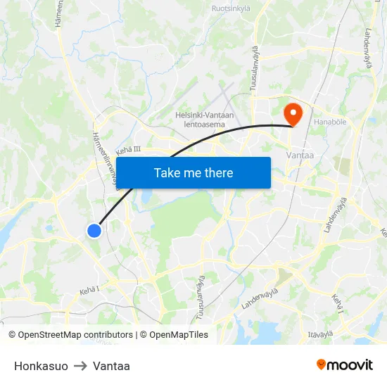Honkasuo to Vantaa map