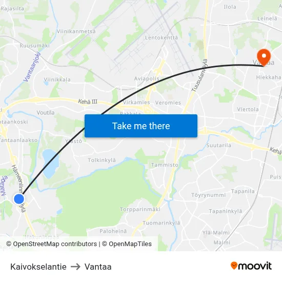 Kaivoksela Road to Vantaa map