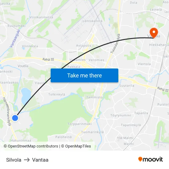 Silvola to Vantaa map