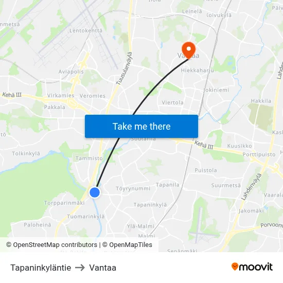 Tapaninkyla Road to Vantaa map