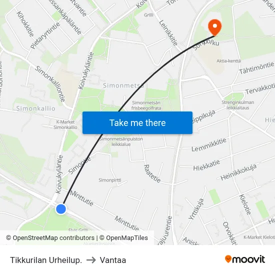 Tikkurila Sports Park to Vantaa map