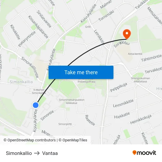 Simonkallio to Vantaa map
