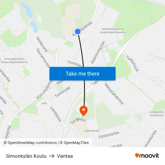 Simonkylä School to Vantaa map