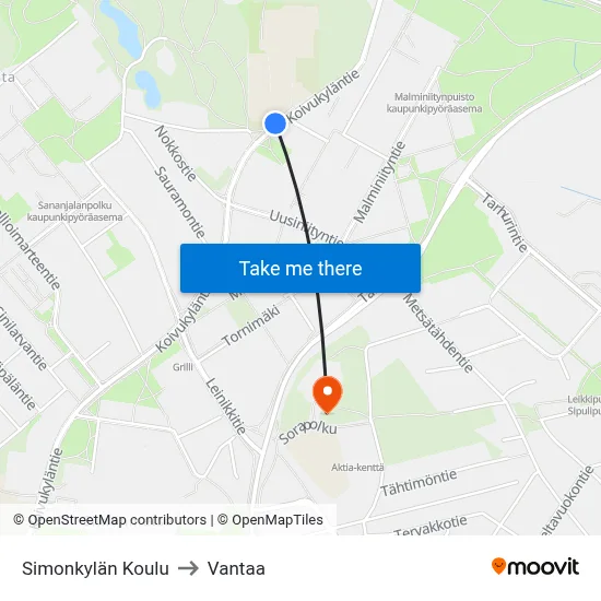 Simonkylä School to Vantaa map