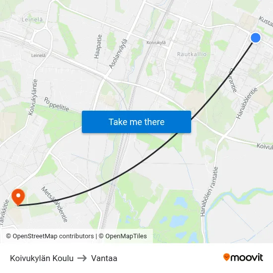 Koivukyla School to Vantaa map