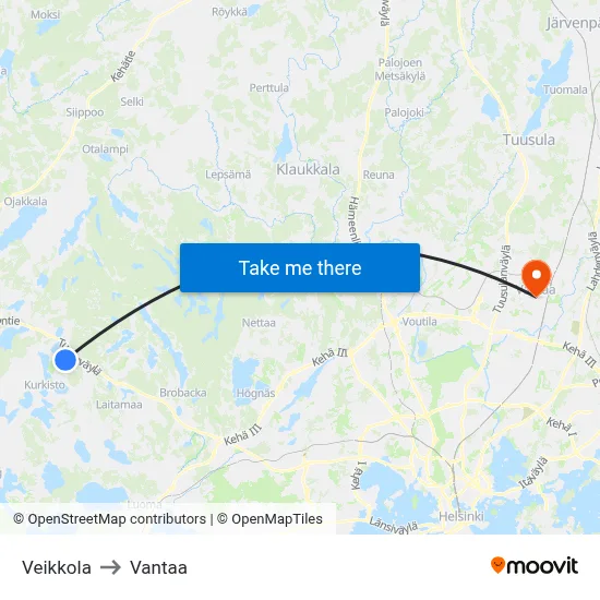 Veikkola to Vantaa map