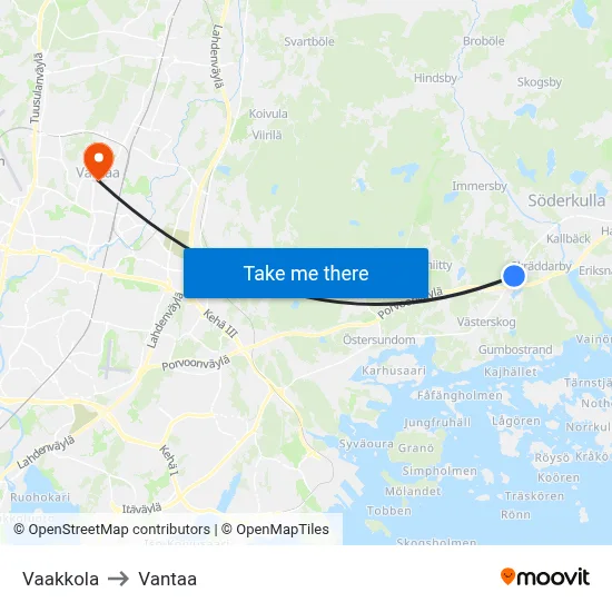Vaakkola to Vantaa map
