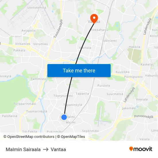 Malmi Hospital to Vantaa map