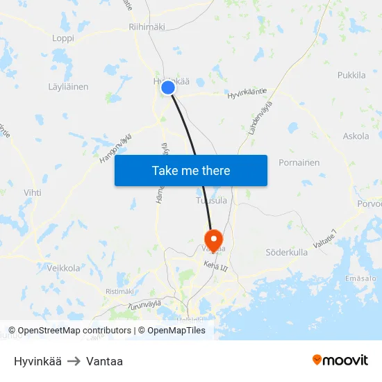Hyvinkaa to Vantaa map