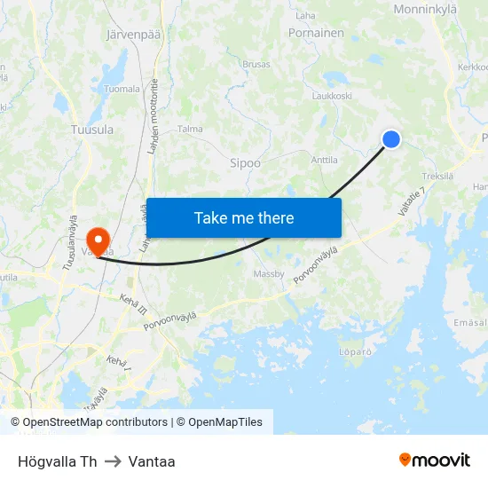 Högvalla Junction to Vantaa map