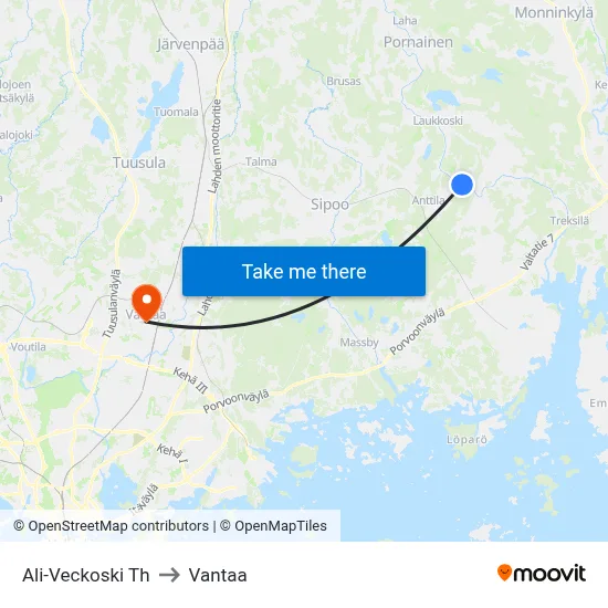 Ali-Veckoski Junction to Vantaa map
