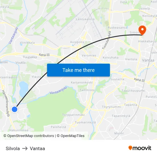 Silvola to Vantaa map
