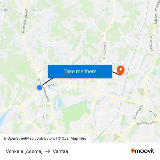 Vehkala Station to Vantaa map