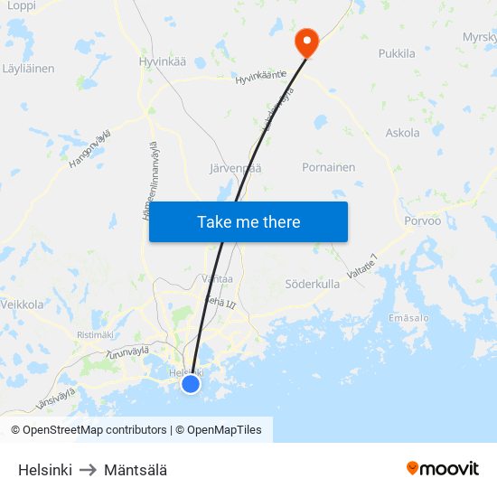 Helsinki to Mäntsälä map