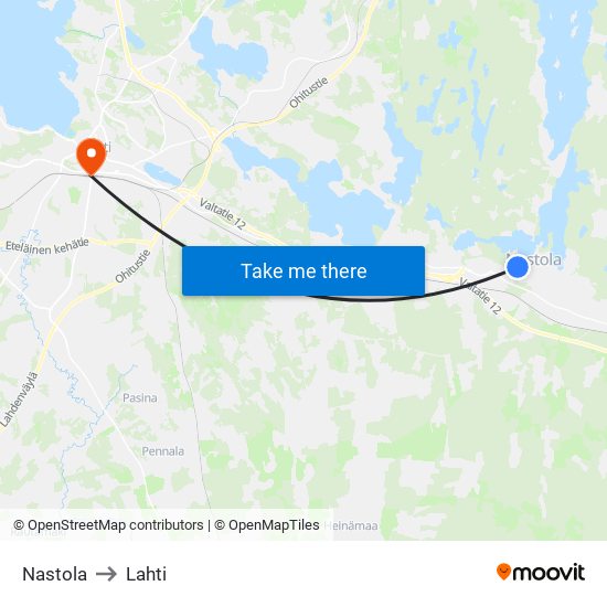 Nastola to Lahti map