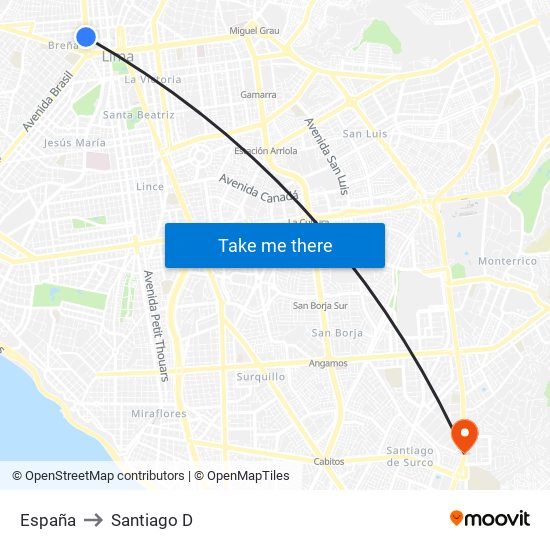 España to Santiago D map