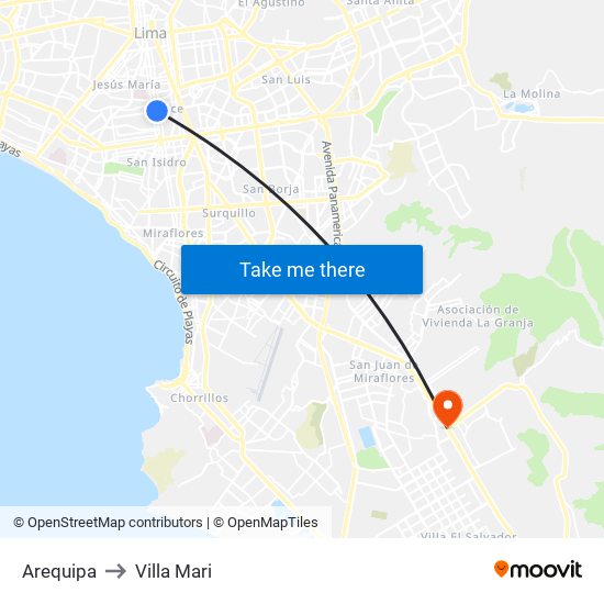 Arequipa to Villa Mari map