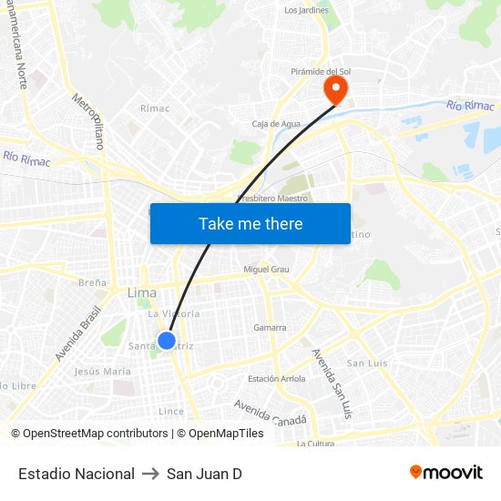 Estadio Nacional to San Juan D map