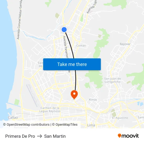 Primera De Pro to San Martin map