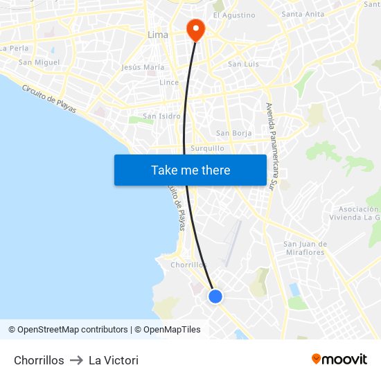 Chorrillos to La Victori map