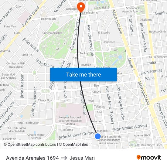 Avenida Arenales 1694 to Jesus Mari map