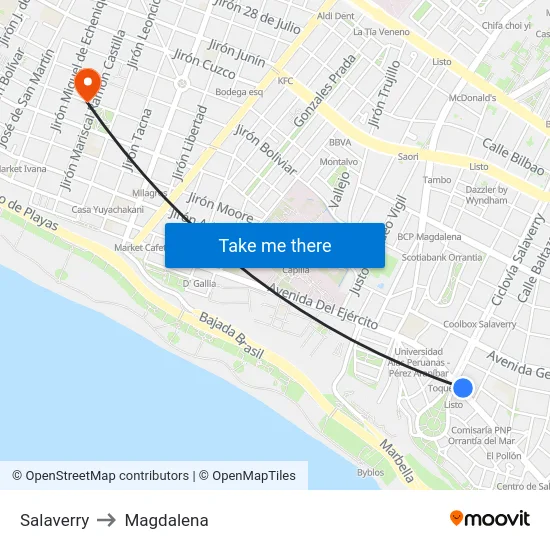Salaverry to Magdalena map