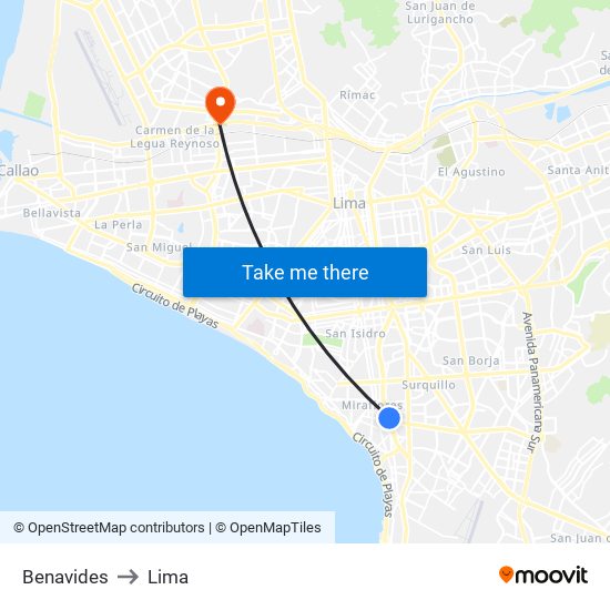 Benavides to Lima map