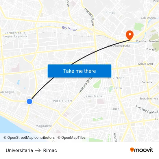 Universitaria to Rimac map