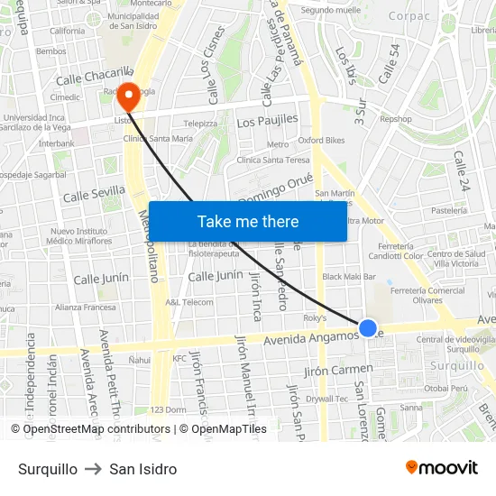 Surquillo to San Isidro map