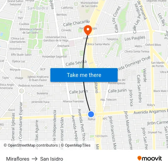 Miraflores to San Isidro map