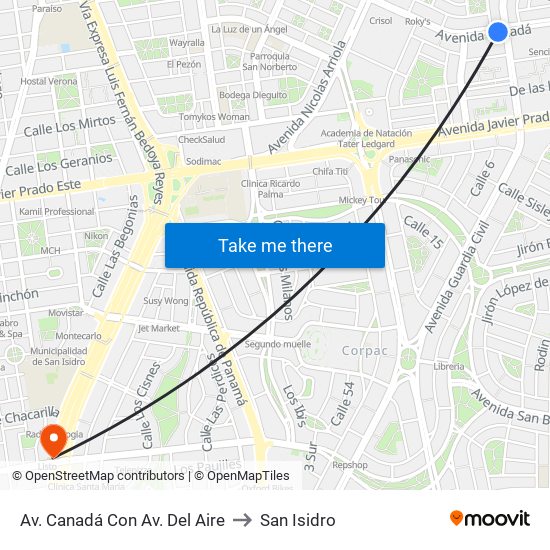 Av. Canadá Con Av. Del Aire to San Isidro map